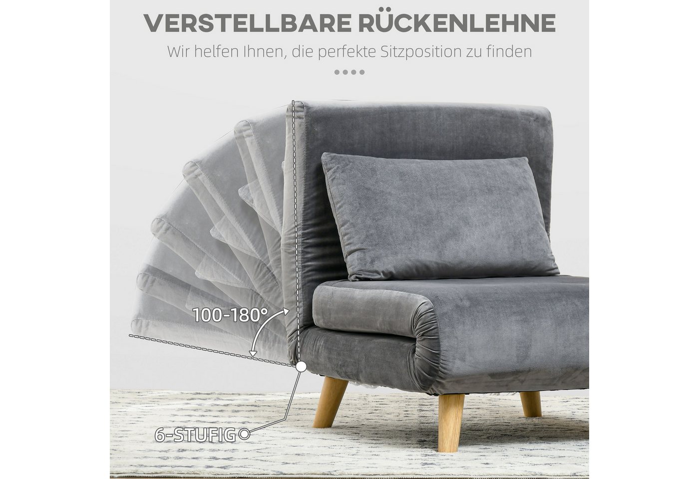 HOMCOM Schlafsofa Schlafsessel klappbar mit Bettfunktion, Gästebett in Leinenoptik, Klappsessel 1 Teile, für Wohnzimmer, Grau – Bild 5 von 5