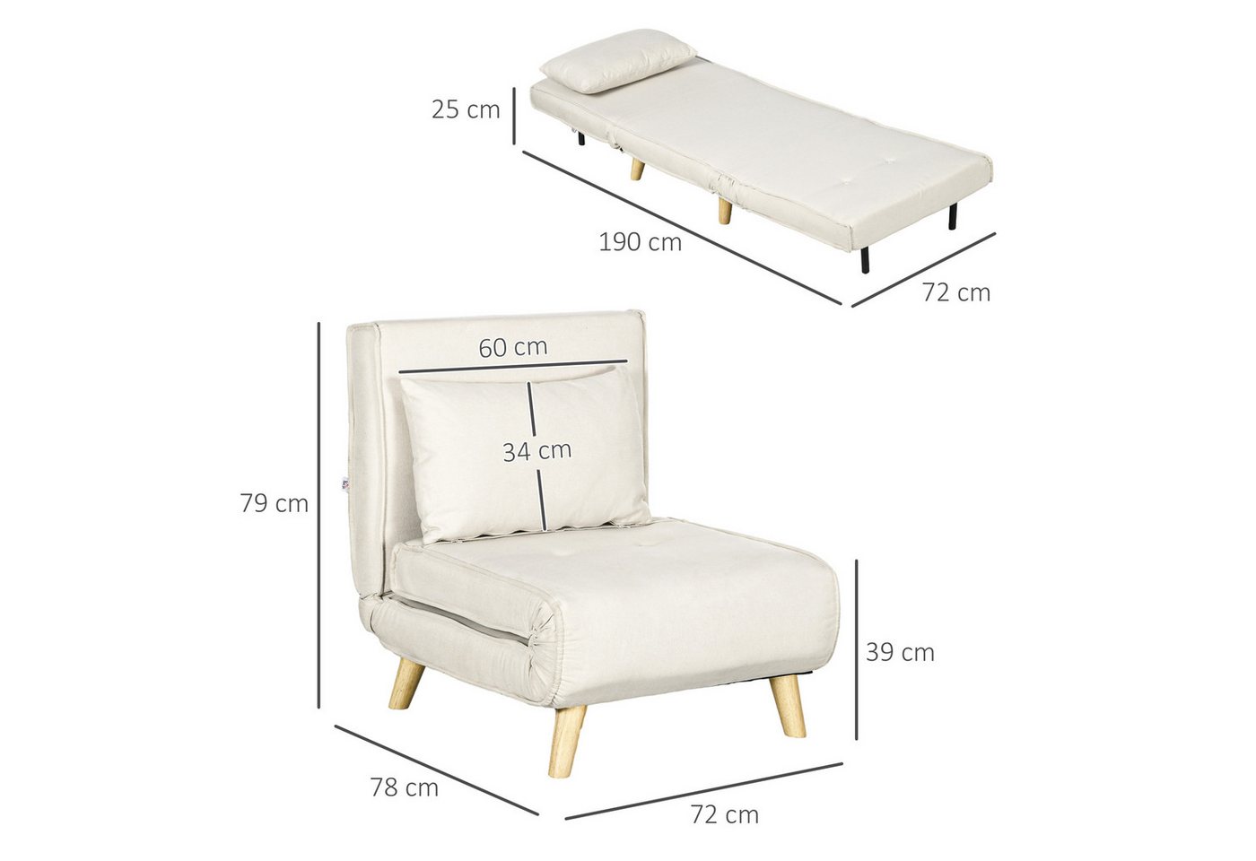 HOMCOM Schlafsofa Schlafsessel klappbar mit Bettfunktion, Gästebett in Leinenoptik, Klappsessel 1 Teile, für Wohnzimmer, Cremeweiß – Bild 3 von 5