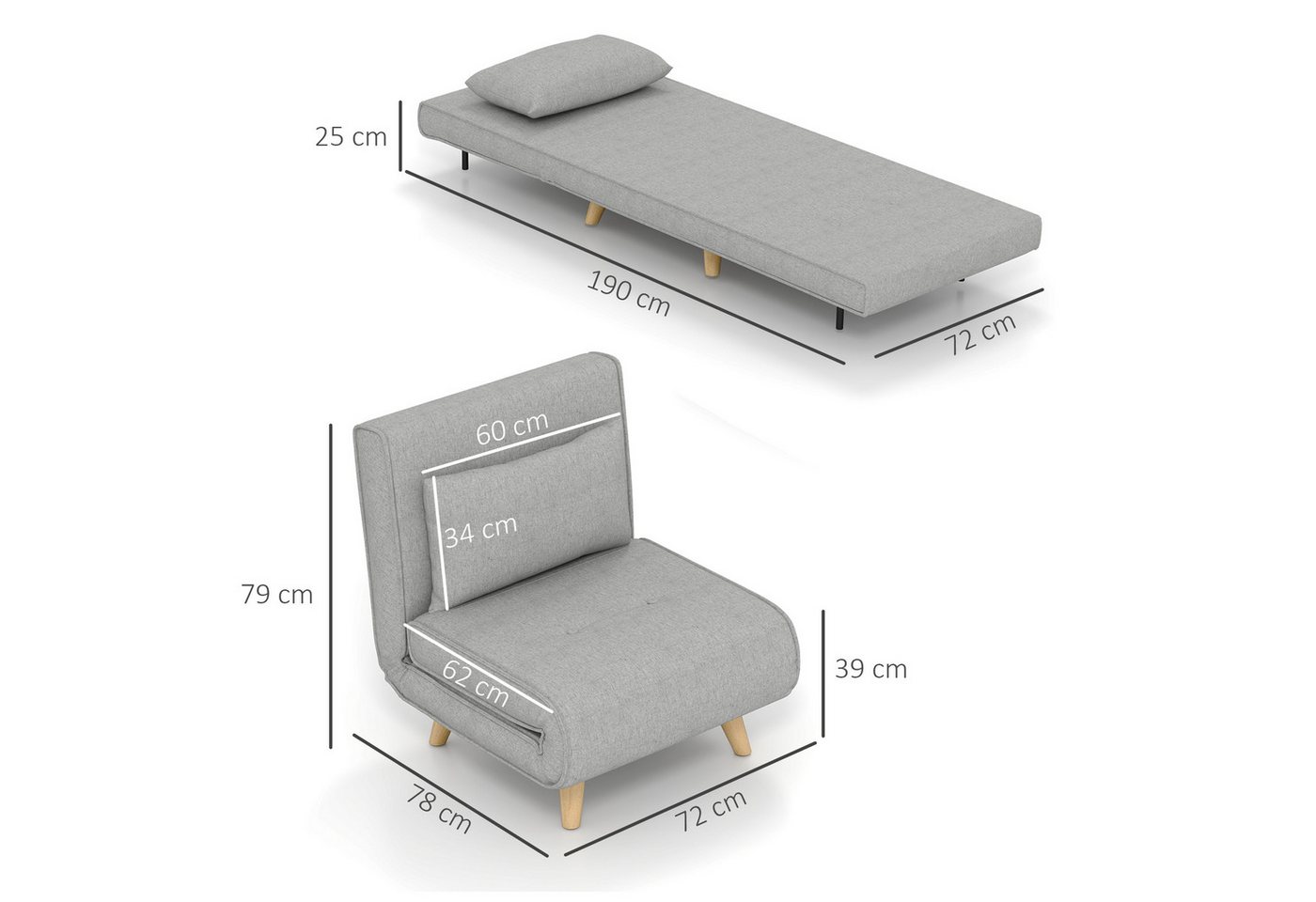 HOMCOM Schlafsofa Schlafsessel klappbar mit Bettfunktion, Gästebett in Leinenoptik, Klappsessel 1 Teile, für Wohnzimmer, Hellgrau – Bild 3 von 5