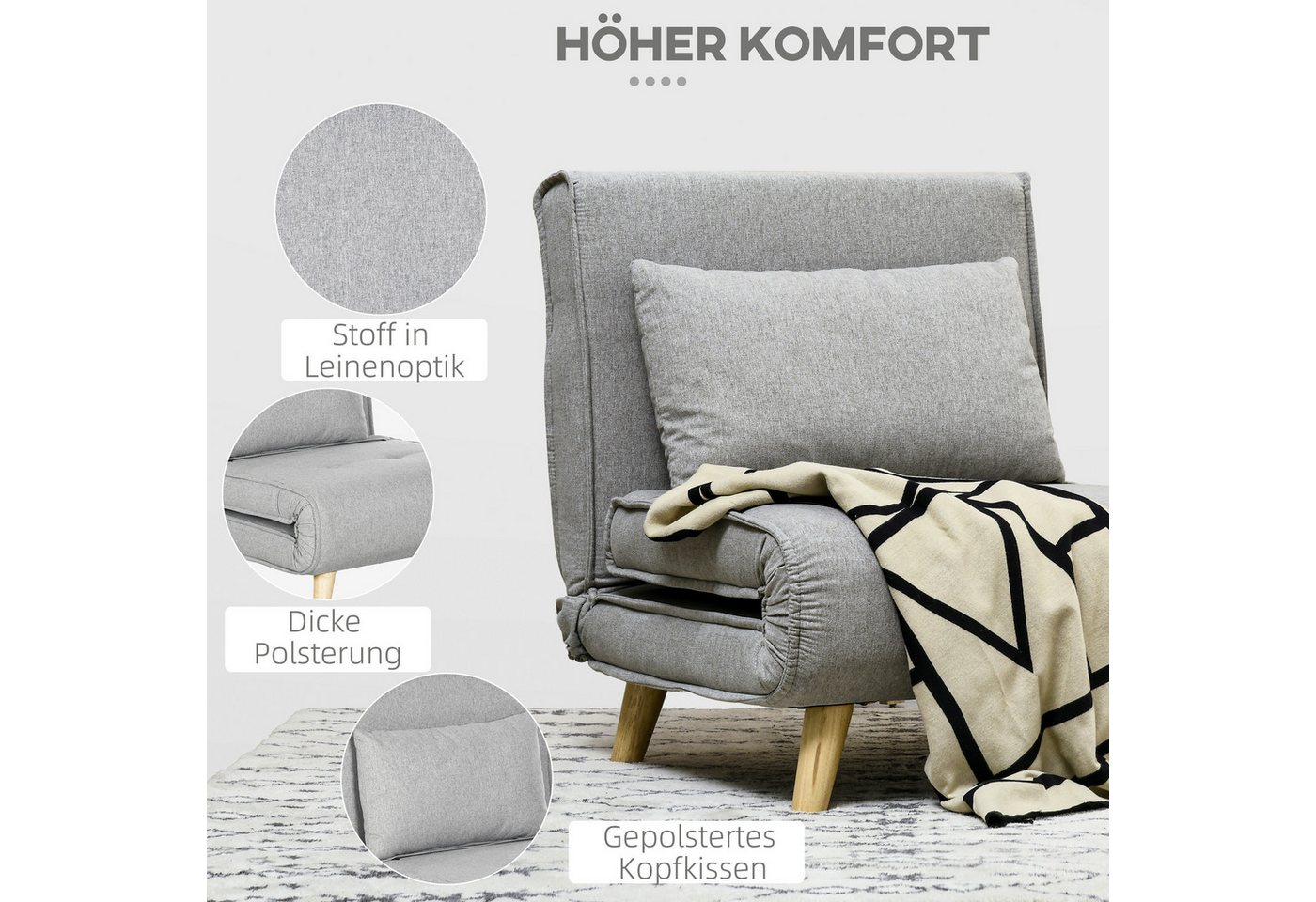 HOMCOM Schlafsofa Schlafsessel klappbar mit Bettfunktion, Gästebett in Leinenoptik, Klappsessel 1 Teile, für Wohnzimmer, Hellgrau – Bild 4 von 5