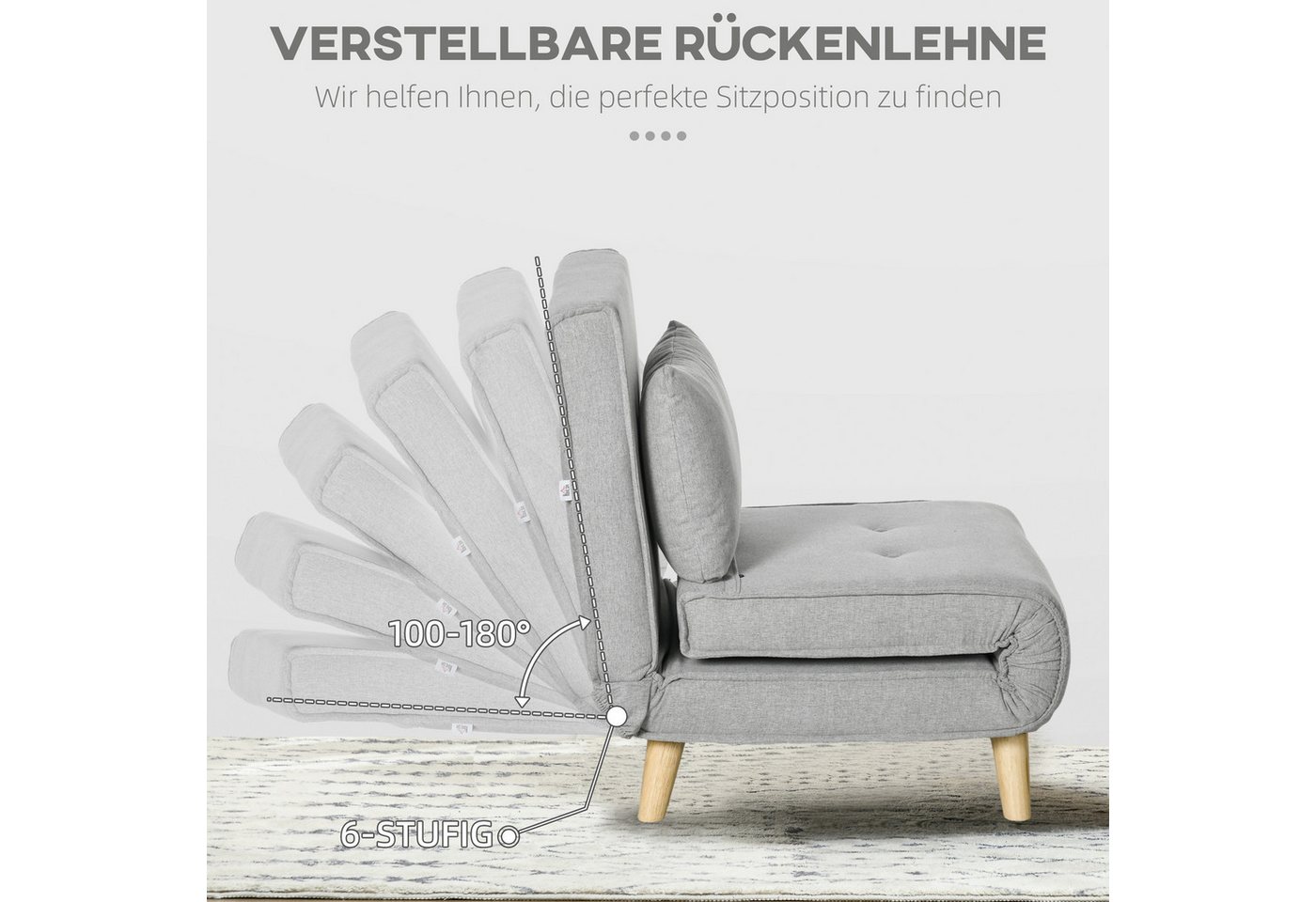 HOMCOM Schlafsofa Schlafsessel klappbar mit Bettfunktion, Gästebett in Leinenoptik, Klappsessel 1 Teile, für Wohnzimmer, Hellgrau – Bild 5 von 5