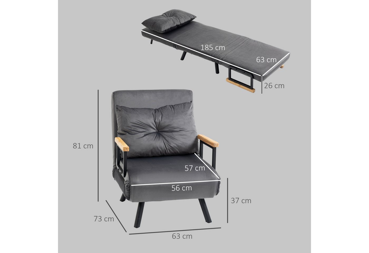 HOMCOM Schlafsofa Schlafsessel mit Schlaffunktion, Lendenkissen und Samtoptik, Verstellbare Sessel 1 Teile, 73 x 63 x 81 cm, Dunkelgrau – Bild 3 von 5