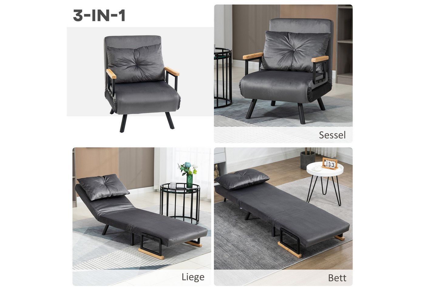 HOMCOM Schlafsofa Schlafsessel mit Schlaffunktion, Lendenkissen und Samtoptik, Verstellbare Sessel 1 Teile, 73 x 63 x 81 cm, Dunkelgrau – Bild 4 von 5