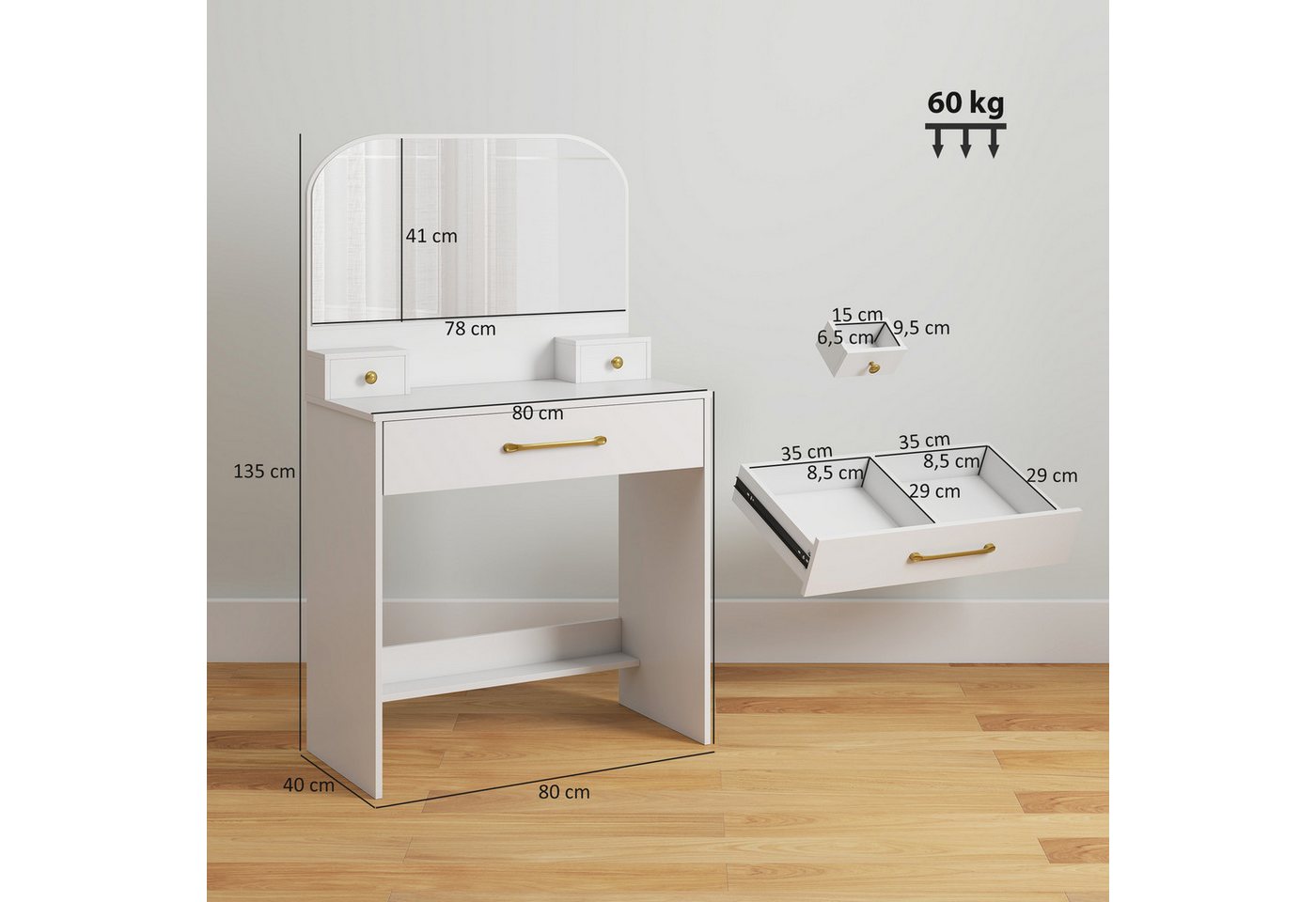 HOMCOM Schminktisch Frisiertisch, Modern Kosmetiktisch, Weiß (Set, 1-St., 1 Tisch), Mit gewölbtem Spiegel und viel Stauraum – Bild 3 von 5