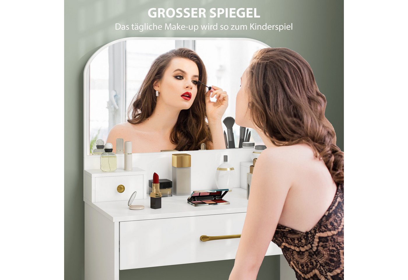 HOMCOM Schminktisch Frisiertisch, Modern Kosmetiktisch, Weiß (Set, 1-St., 1 Tisch), Mit gewölbtem Spiegel und viel Stauraum – Bild 4 von 5