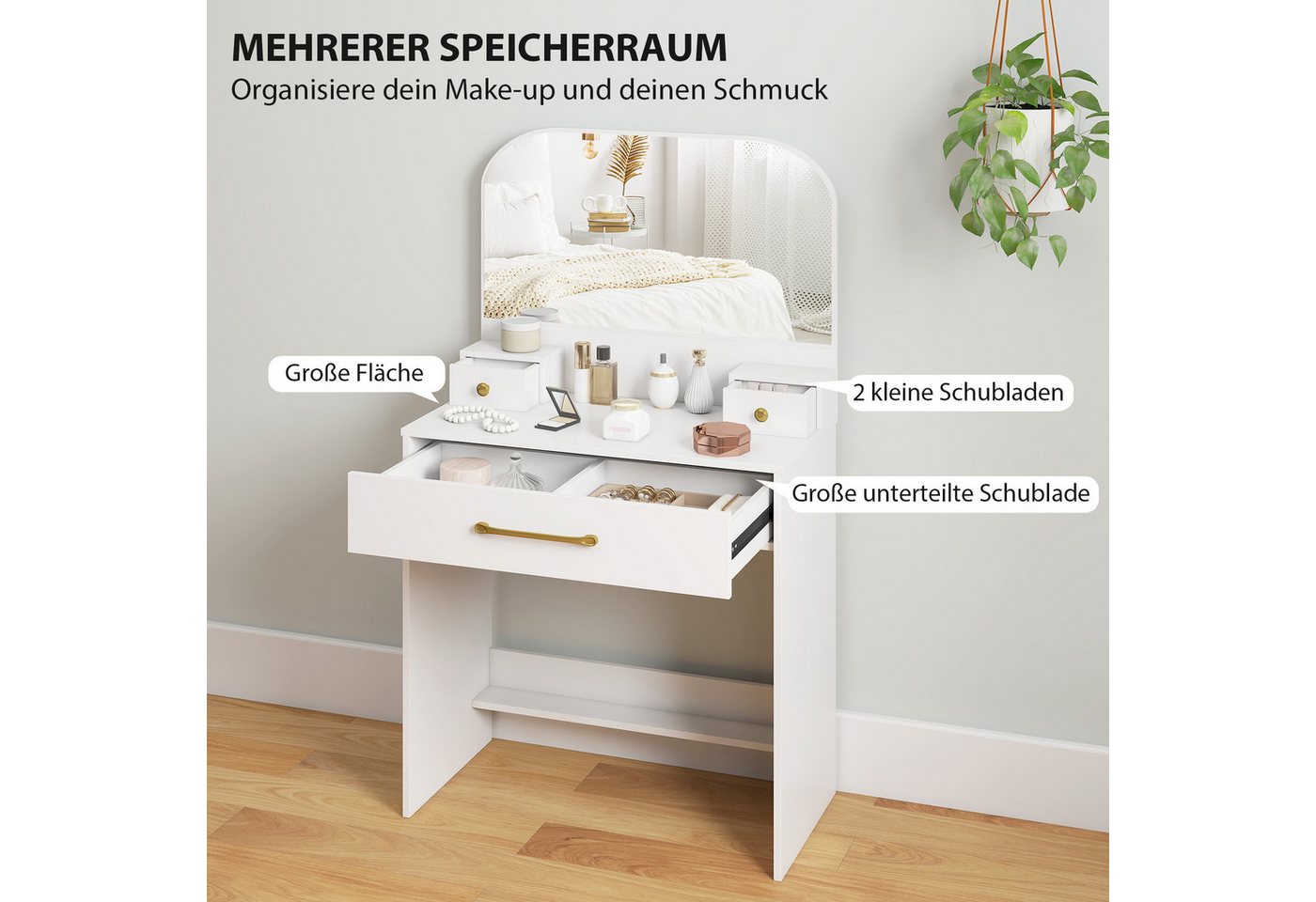HOMCOM Schminktisch Frisiertisch, Modern Kosmetiktisch, Weiß (Set, 1-St., 1 Tisch), Mit gewölbtem Spiegel und viel Stauraum – Bild 5 von 5