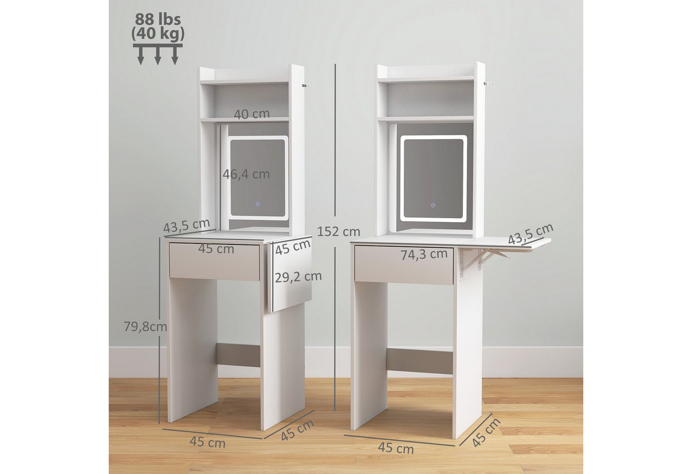 HOMCOM Schminktisch LED-Beleuchtung, 3 Lichtfarben, klappbare Tischplatte, Schubladen (Frisiertisch, 1-St., Kosmetiktisch), für Schlafzimmer Weiß – Bild 3 von 5