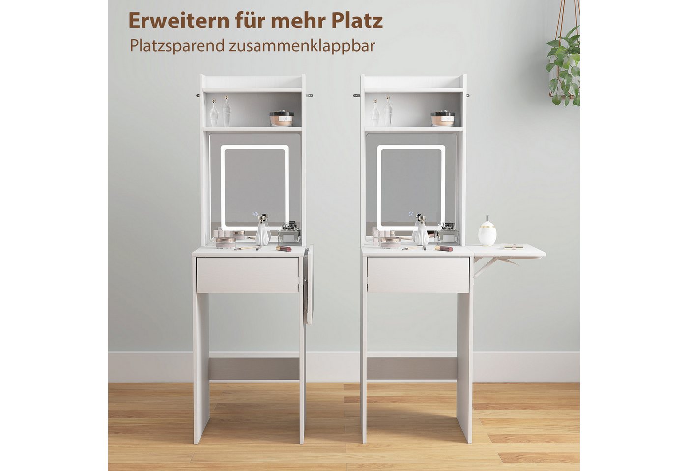 HOMCOM Schminktisch LED-Beleuchtung, 3 Lichtfarben, klappbare Tischplatte, Schubladen (Frisiertisch, 1-St., Kosmetiktisch), für Schlafzimmer Weiß – Bild 5 von 5