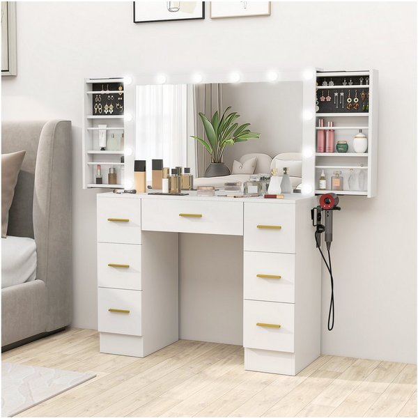 HOMCOM Schminktisch Schminktisch mit 12 LED-Leuchten, Kosmetiktisch mit Spiegel (Frisiertisch, 1-St., Kosmetiktisch), mit 7 Schubladen, 6 versteckten Schiebefäc