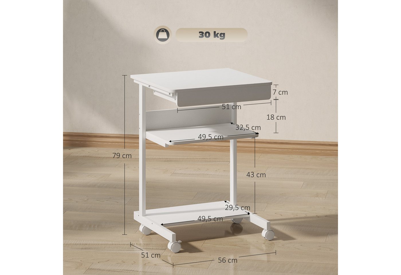 HOMCOM Schreibtisch Schreibtisch (Bürotisch, 1-St., Schreibtisch), Mit Rollen und Stauraum, Kompakt – Bild 3 von 5