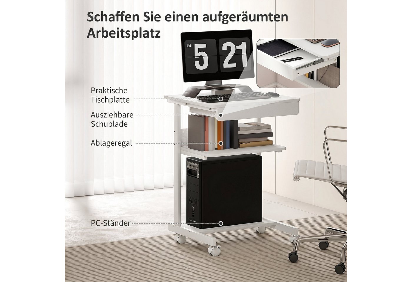 HOMCOM Schreibtisch Schreibtisch (Bürotisch, 1-St., Schreibtisch), Mit Rollen und Stauraum, Kompakt – Bild 4 von 5