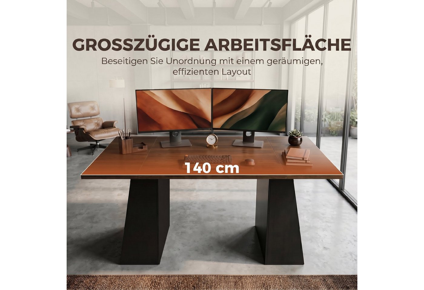 HOMCOM Schreibtisch Computertisch, Arbeitstisch mit Metallrahmen, Home Office (nicht anwendbar, 1-St., 1 Tisch), für Home Office und Arbeitszimmer, Braun, Schwa – Bild 4 von 5