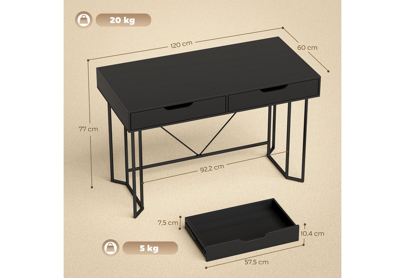 HOMCOM Schreibtisch Computertisch mit 2 Schubladen Bürotisch im Modern-Design (Bürotisch, 1-St., Computertisch), 120 x 60 x 77 cm Schwarz – Bild 3 von 5