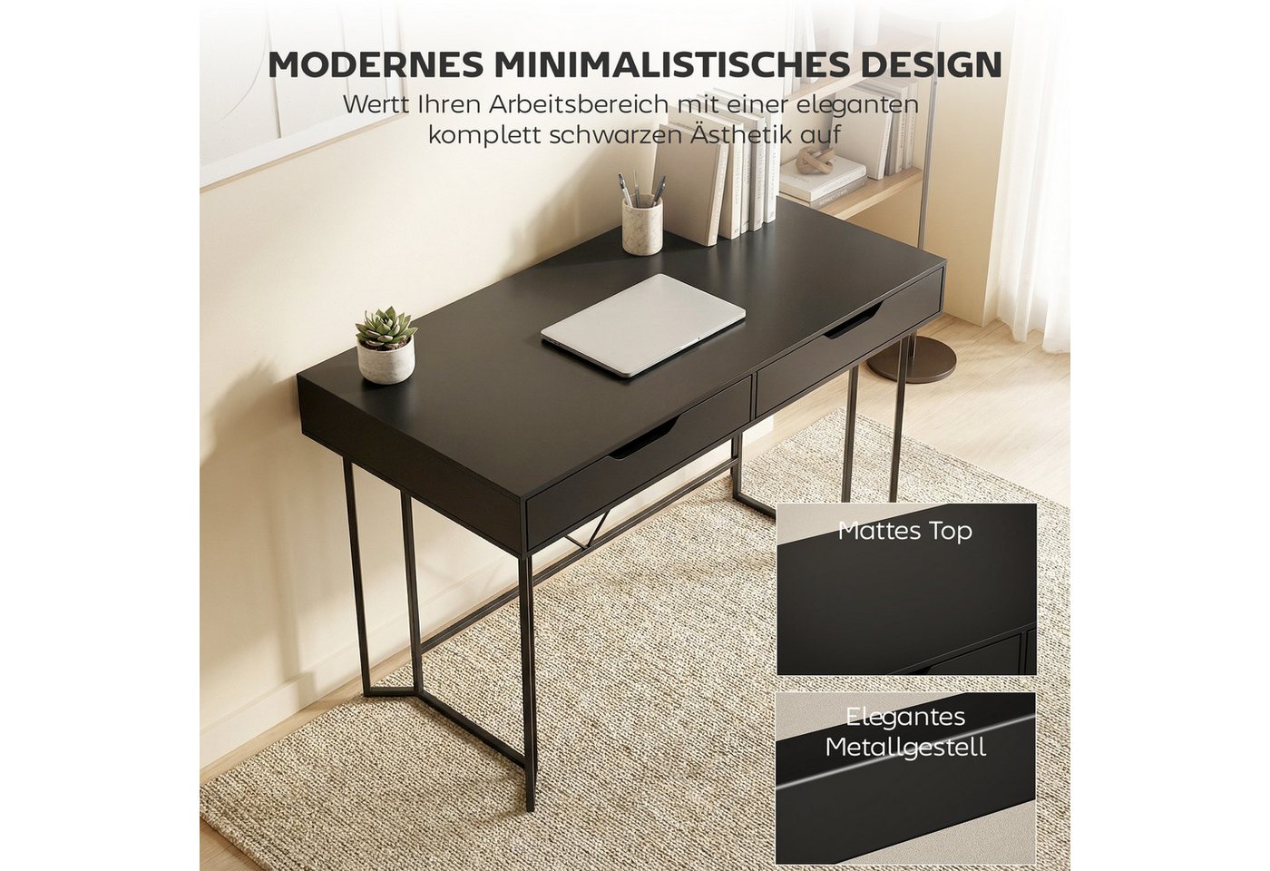 HOMCOM Schreibtisch Computertisch mit 2 Schubladen Bürotisch im Modern-Design (Bürotisch, 1-St., Computertisch), 120 x 60 x 77 cm Schwarz – Bild 4 von 5