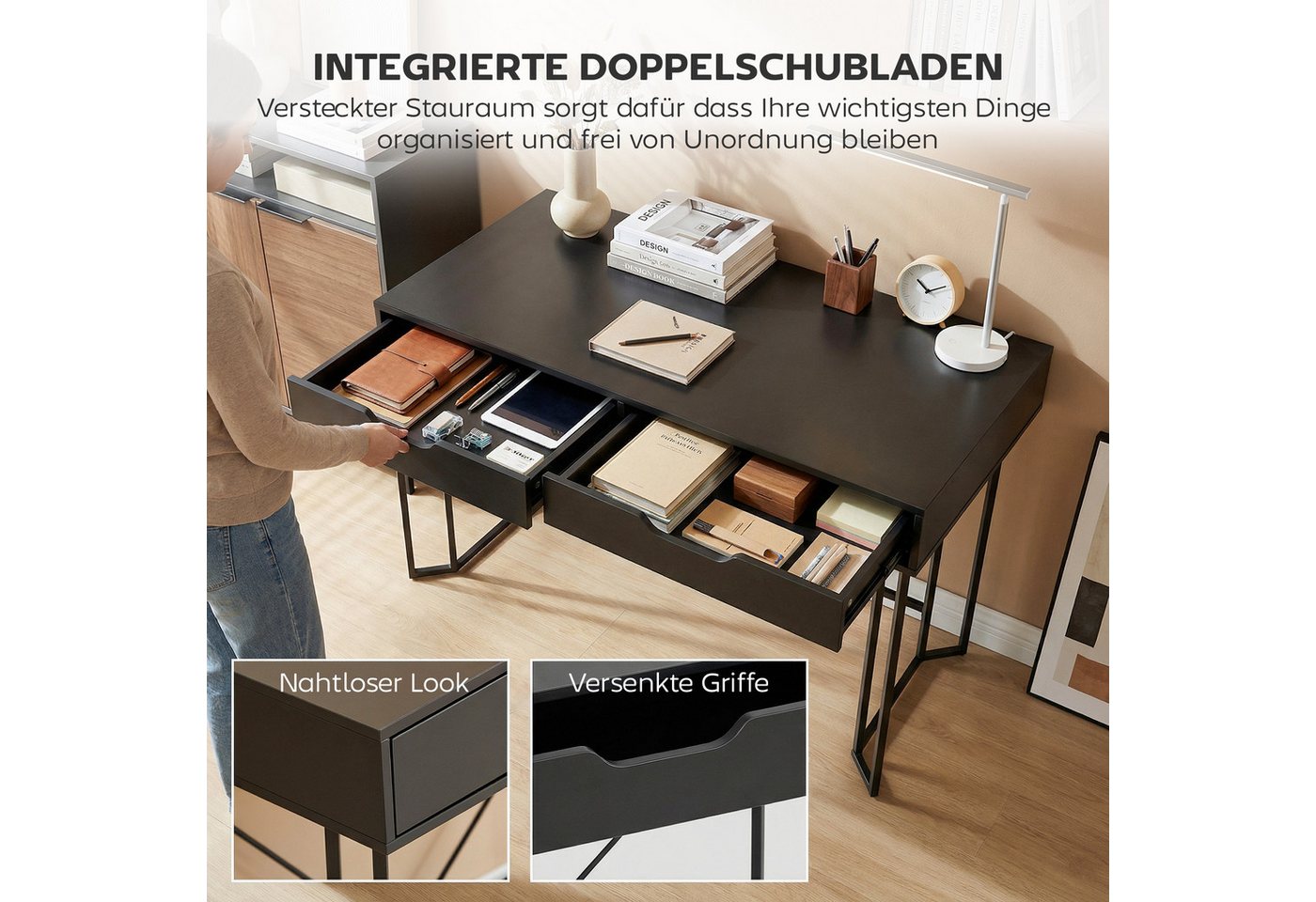 HOMCOM Schreibtisch Computertisch mit 2 Schubladen Bürotisch im Modern-Design (Bürotisch, 1-St., Computertisch), 120 x 60 x 77 cm Schwarz – Bild 5 von 5