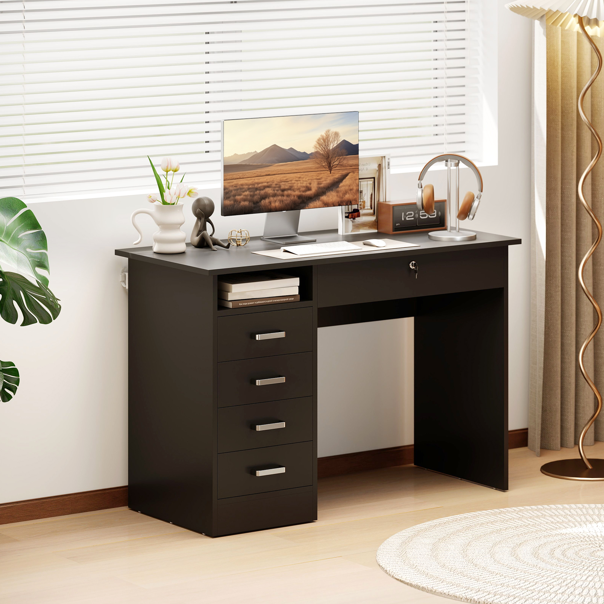 HOMCOM Schreibtisch Computertisch mit großer Arbeitsfläche, 5 Schubladen, 1 offenes Fach, abschließbare Schublade, modern 110 x 50 x 76 cm, schwarz Aosom – Bild 2 von 2