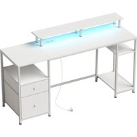HOMCOM Schreibtisch Computertisch mit LED-Beleuchtung, Regalen, Schubladen, Steckdosen, USB-Ports und Monitorhalter für Büro, Arbeitszimmer 155,5x48x88,5 cm Wei