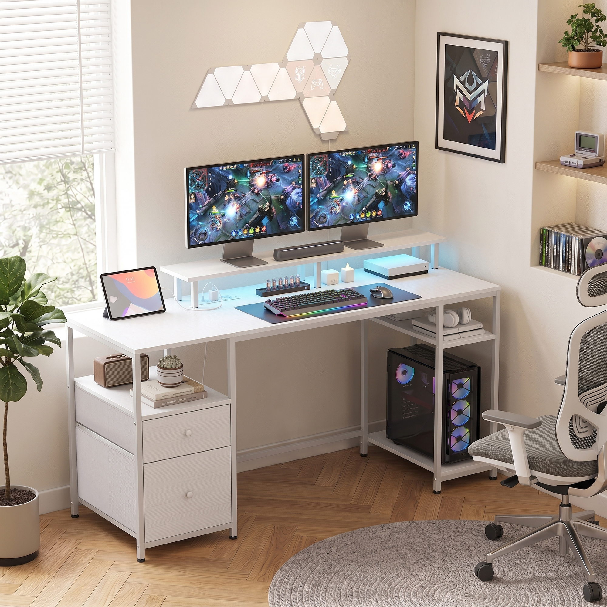 HOMCOM Schreibtisch Computertisch mit LED-Beleuchtung, Regalen, Schubladen, Steckdosen, USB-Ports und Monitorhalter für Büro, Arbeitszimmer 155,5x48x88,5 cm Wei – Bild 2 von 2