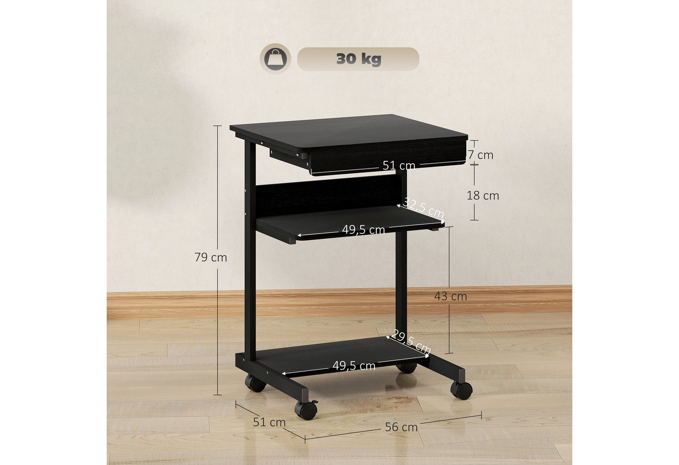 HOMCOM Schreibtisch Computertisch PC Tisch mit CPU-Ständer, Schublade (Bürotisch, 1-St., 1 Tisch), für Home Office, Schlafzimmer Schwarz – Bild 3 von 5