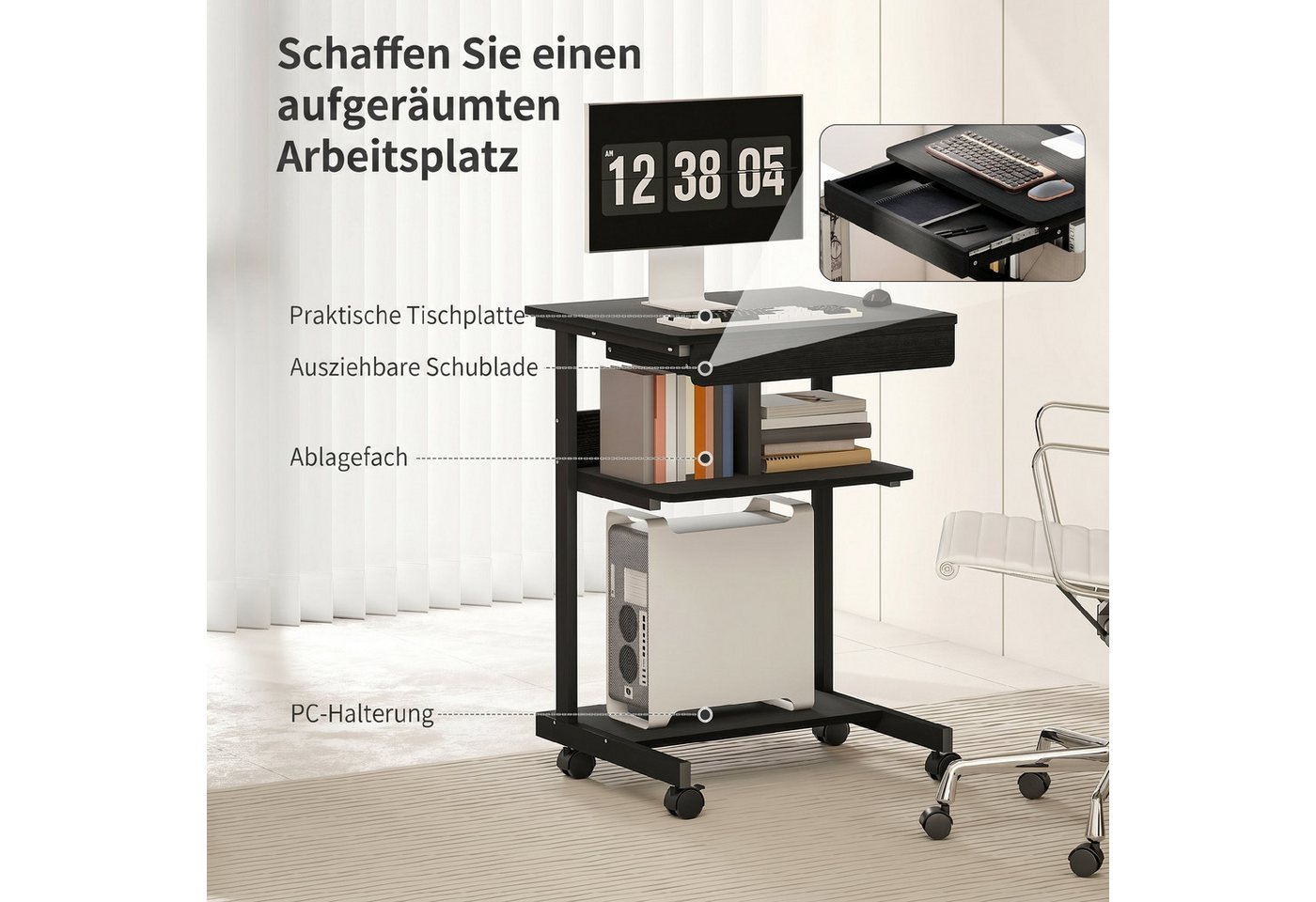 HOMCOM Schreibtisch Computertisch PC Tisch mit CPU-Ständer, Schublade (Bürotisch, 1-St., 1 Tisch), für Home Office, Schlafzimmer Schwarz – Bild 4 von 5