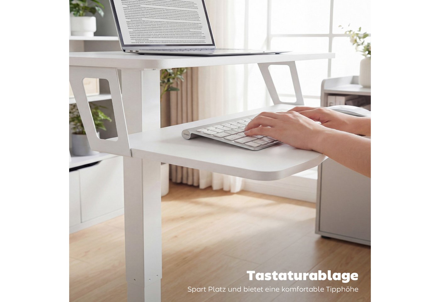 HOMCOM Schreibtisch Computertisch Tastaturablage höhenverstellbar mit Rollen (Mobiler Beistelltisch, 1-St., Laptoptisch), für Sofa, Bett, Büro 65x60cm, Weiß – Bild 5 von 5