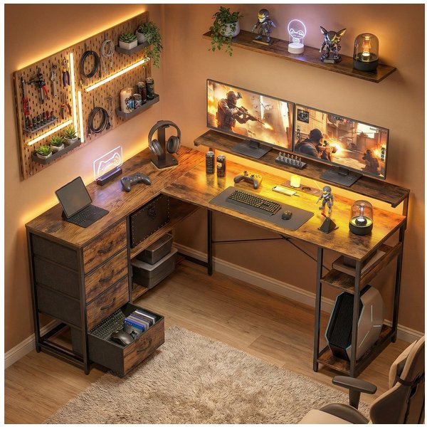 HOMCOM Schreibtisch Gaming Tisch, 4 Schubladen, Computertisch, Rustikal-Braun (Set, 1-St., 1 Tisch), L-förmig, LED, Stromanschluss, Monitorständer