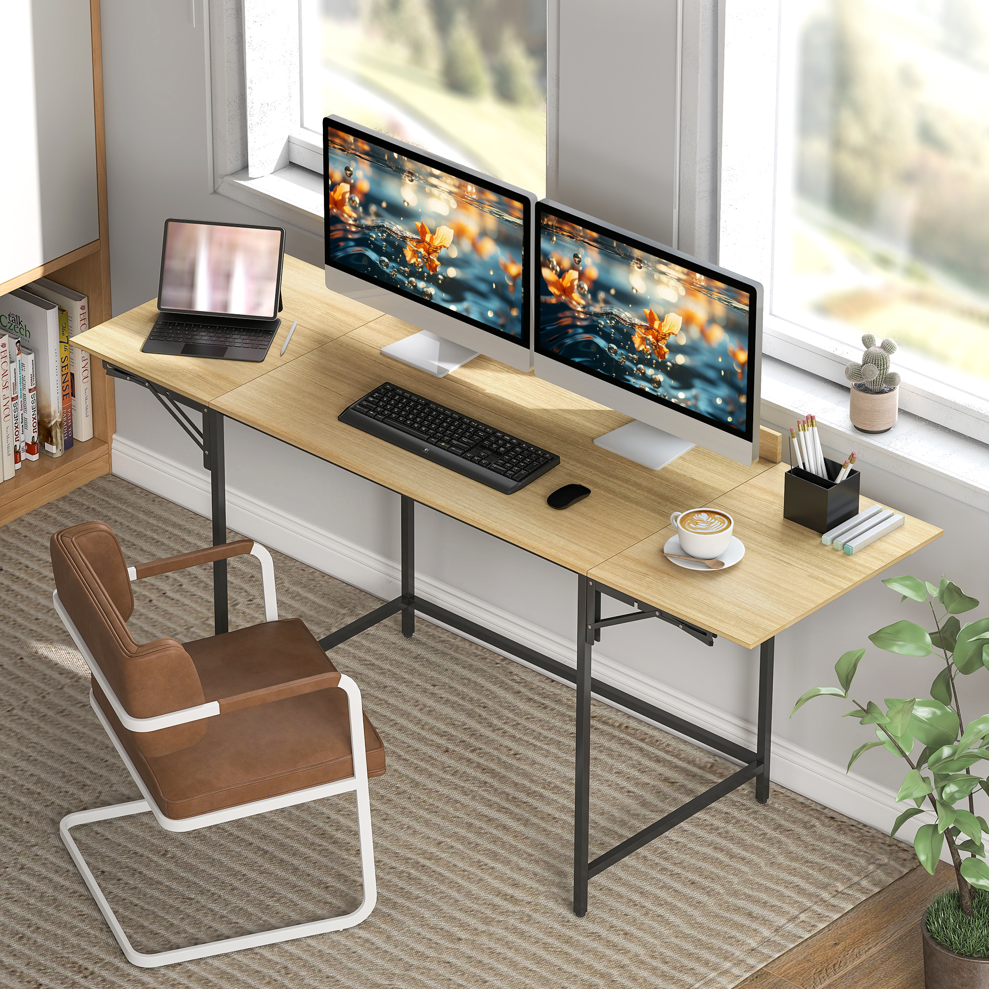 HOMCOM Schreibtisch Klappbar Computertisch Bürotisch mit Modern-Design, Metallgestell für Arbeitszimmer Schlafzimmer Home Office, 100/135/170 x 58 x 78 cm Eiche – Bild 2 von 2