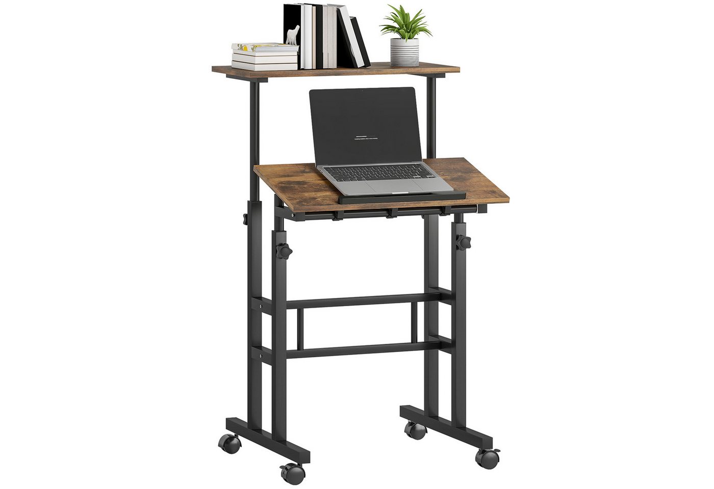 HOMCOM Schreibtisch Küchentisch mit Regal, Rollen, Computertisch, Büroregal (Laptoptisch, 1-St., Arbeitstisch), Höhenverstellbar, Rustikal-Braun – Bild 2 von 5