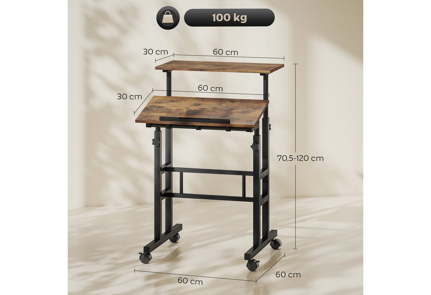 HOMCOM Schreibtisch Küchentisch mit Regal, Rollen, Computertisch, Büroregal (Laptoptisch, 1-St., Arbeitstisch), Höhenverstellbar, Rustikal-Braun – Bild 3 von 5
