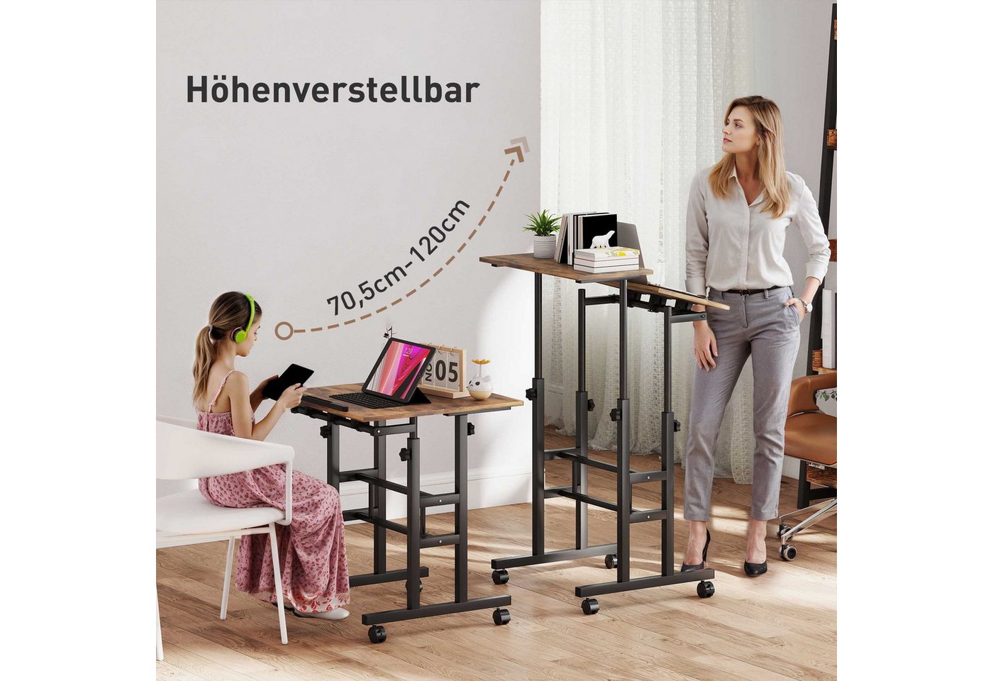 HOMCOM Schreibtisch Küchentisch mit Regal, Rollen, Computertisch, Büroregal (Laptoptisch, 1-St., Arbeitstisch), Höhenverstellbar, Rustikal-Braun – Bild 4 von 5