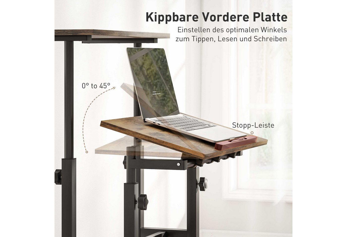 HOMCOM Schreibtisch Küchentisch mit Regal, Rollen, Computertisch, Büroregal (Laptoptisch, 1-St., Arbeitstisch), Höhenverstellbar, Rustikal-Braun – Bild 5 von 5