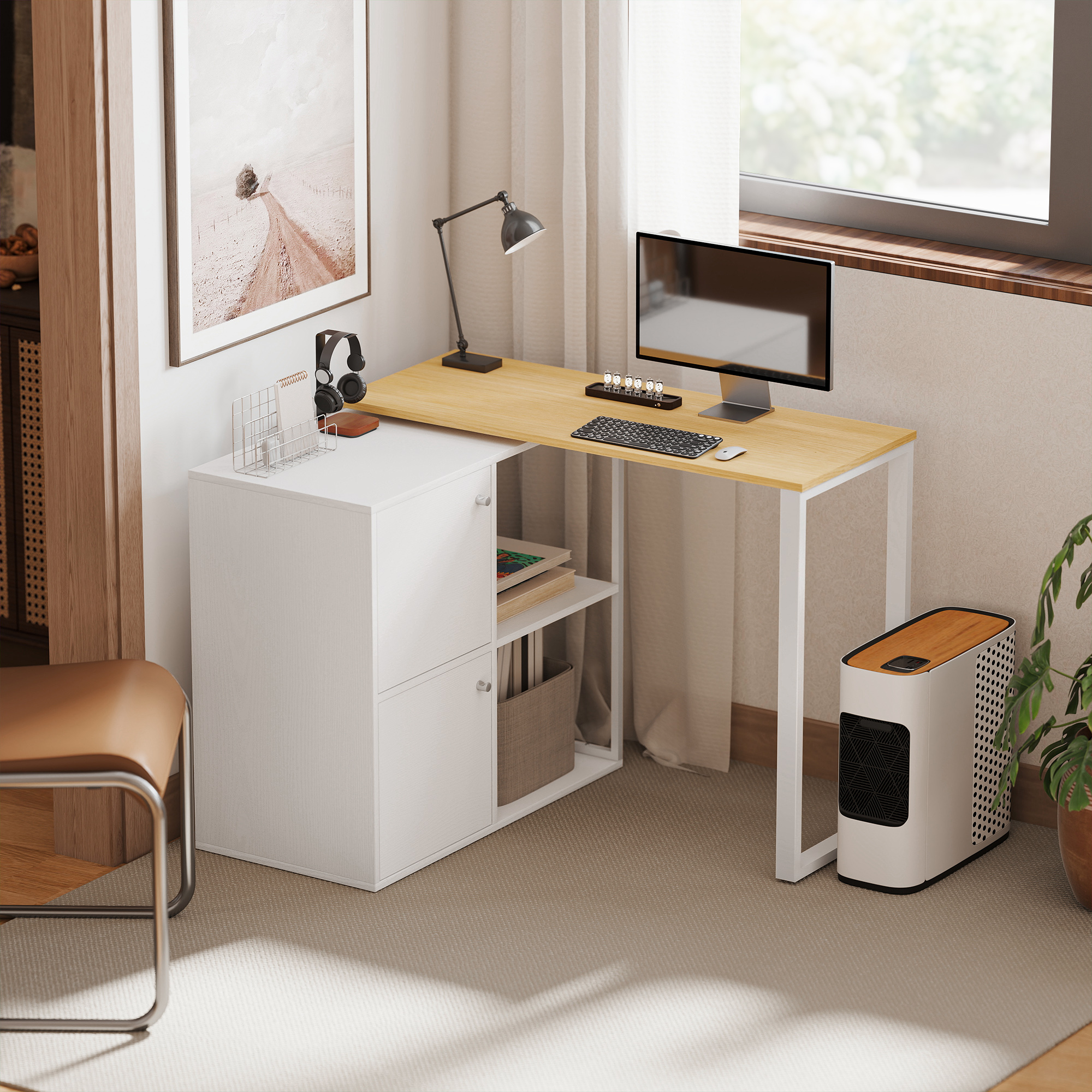 HOMCOM Schreibtisch L-förmig, 360° drehbarer Eckschreibtisch mit 2 Lagerschränken, 2 offenen Regalen, Computertisch für kleine Räume, Arbeitszimmer, Wohnzimmer, – Bild 2 von 2