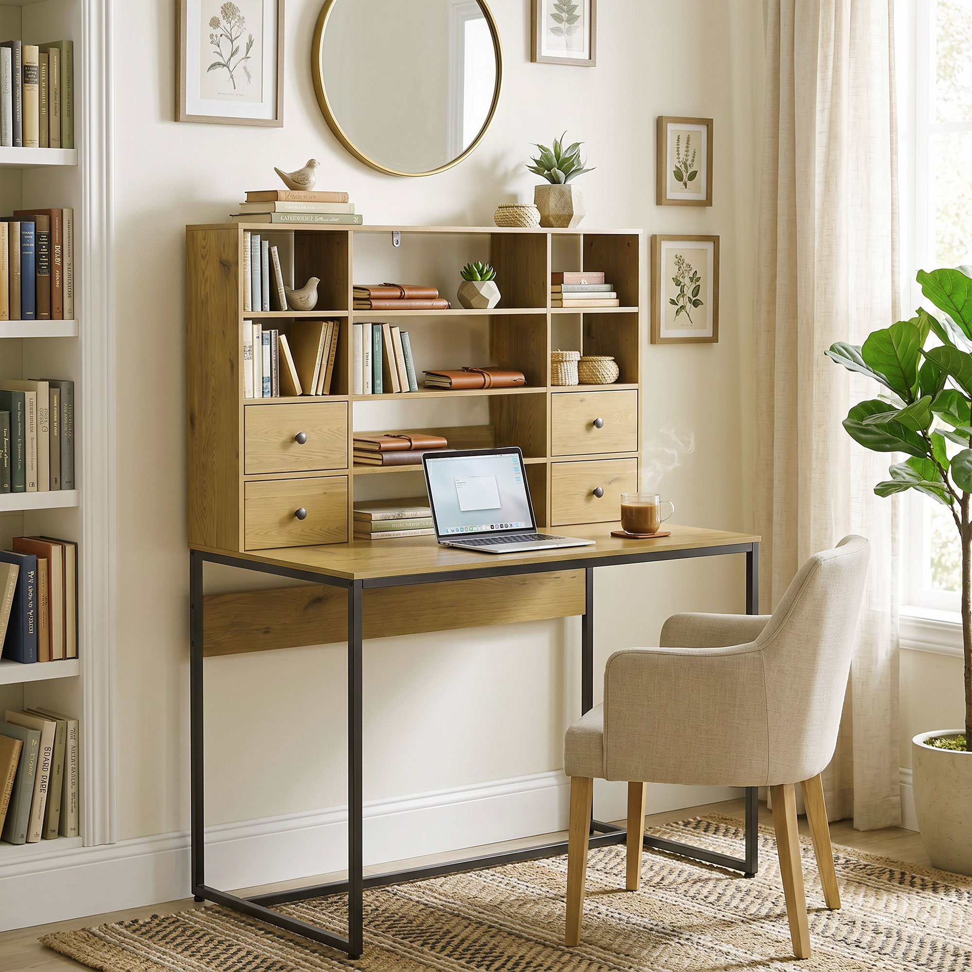 HOMCOM Schreibtisch mit 4 Schubladen, Computertisch mit Regalen 105 x 60 x 142 cm Moderner Arbeitstisch Bürotisch für Büro, Wohnzimmer, Natur Aosom – Bild 2 von 2