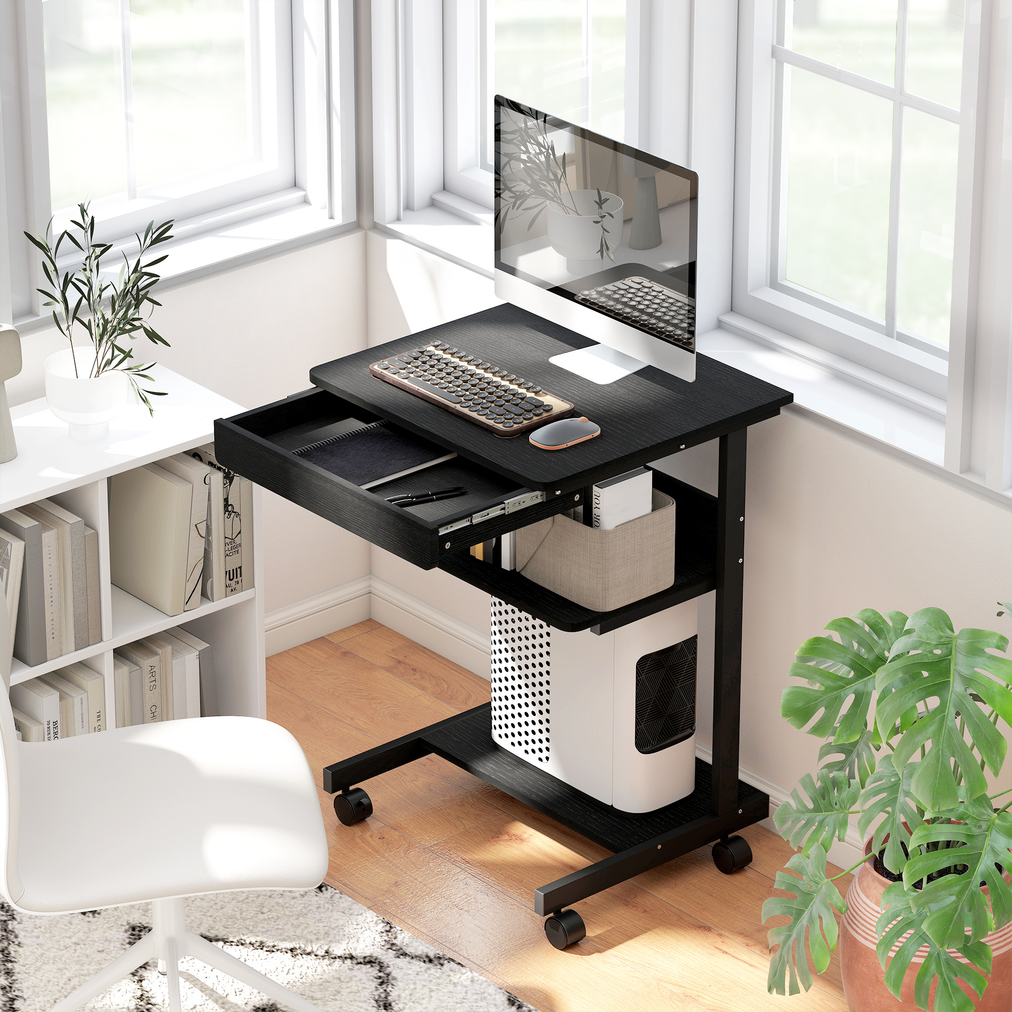 HOMCOM Schreibtisch mit Rollen Computertisch platzsparender Bürotisch mit CPU-Ständer, Schublade, Ablage, PC Tisch für Home Office, Schlafzimmer Schwarz Aosom – Bild 2 von 2