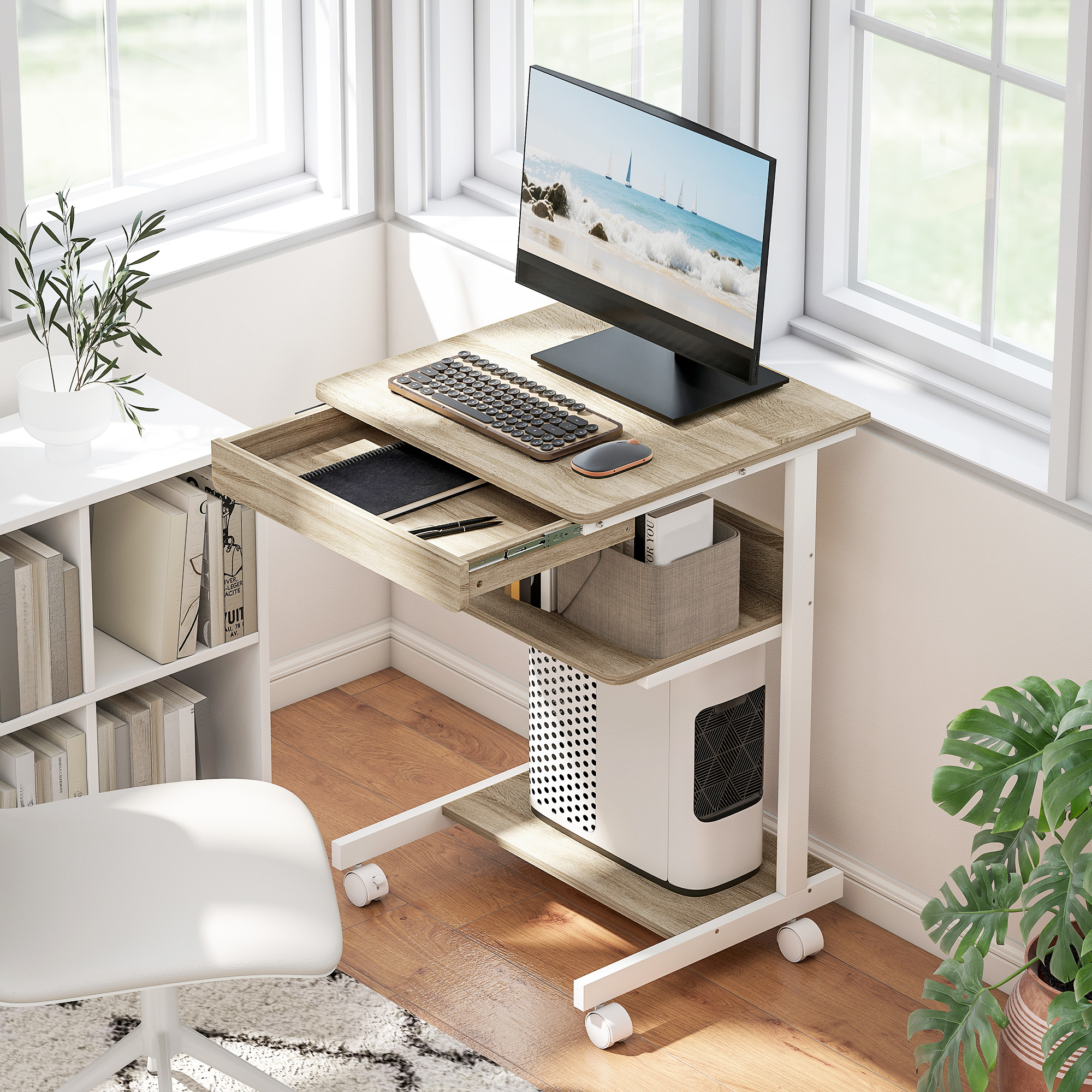 HOMCOM Schreibtisch mit Rollen Computertisch platzsparender Bürotisch mit CPU-Ständer, Schublade, Ablage, PC Tisch für Home Office, Schlafzimmer Eiche Aosom – Bild 2 von 2