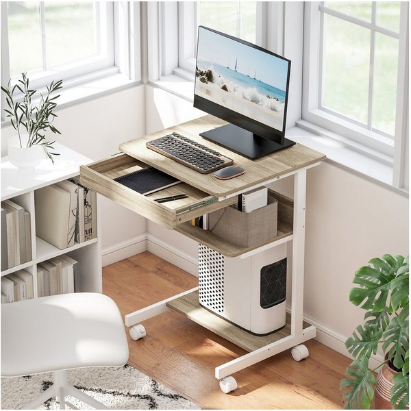 HOMCOM Schreibtisch Schreibtisch mit Rollen, CPU-Ständer, Schublade, Ablage (Bürotisch, 1-St., 1 Tisch), für Home Office, Schlafzimmer Eiche