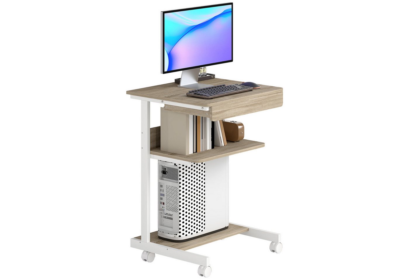 HOMCOM Schreibtisch Schreibtisch mit Rollen, CPU-Ständer, Schublade, Ablage (Bürotisch, 1-St., 1 Tisch), für Home Office, Schlafzimmer Eiche – Bild 2 von 5