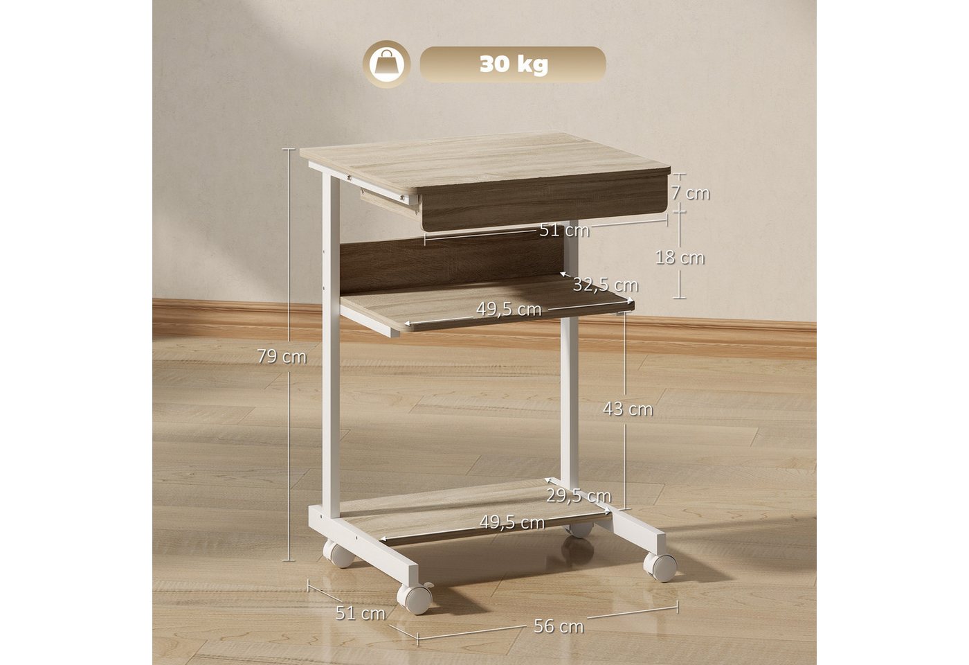 HOMCOM Schreibtisch Schreibtisch mit Rollen, CPU-Ständer, Schublade, Ablage (Bürotisch, 1-St., 1 Tisch), für Home Office, Schlafzimmer Eiche – Bild 3 von 5