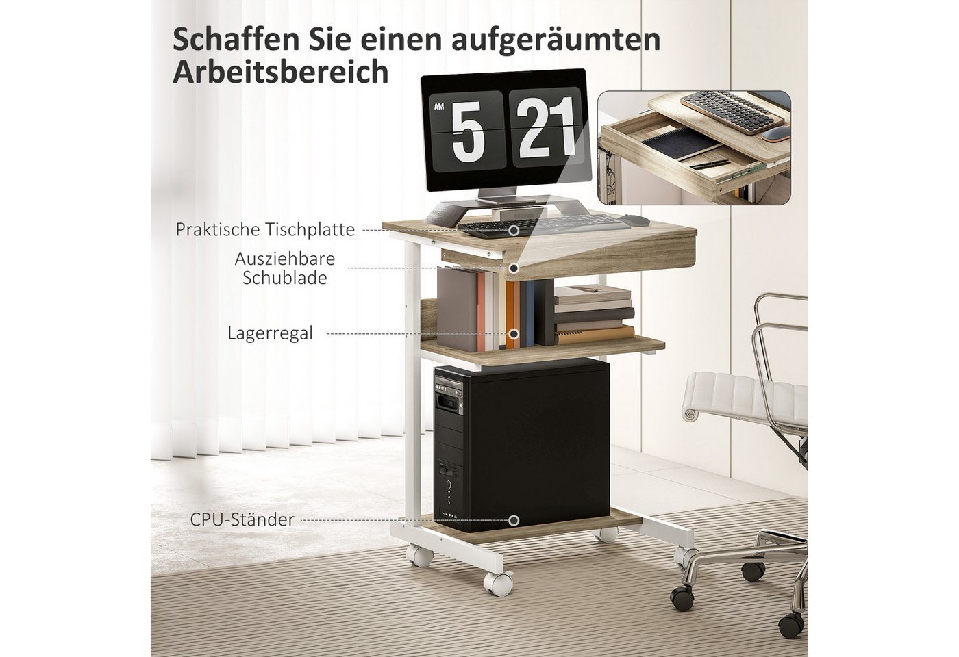 HOMCOM Schreibtisch Schreibtisch mit Rollen, CPU-Ständer, Schublade, Ablage (Bürotisch, 1-St., 1 Tisch), für Home Office, Schlafzimmer Eiche – Bild 4 von 5