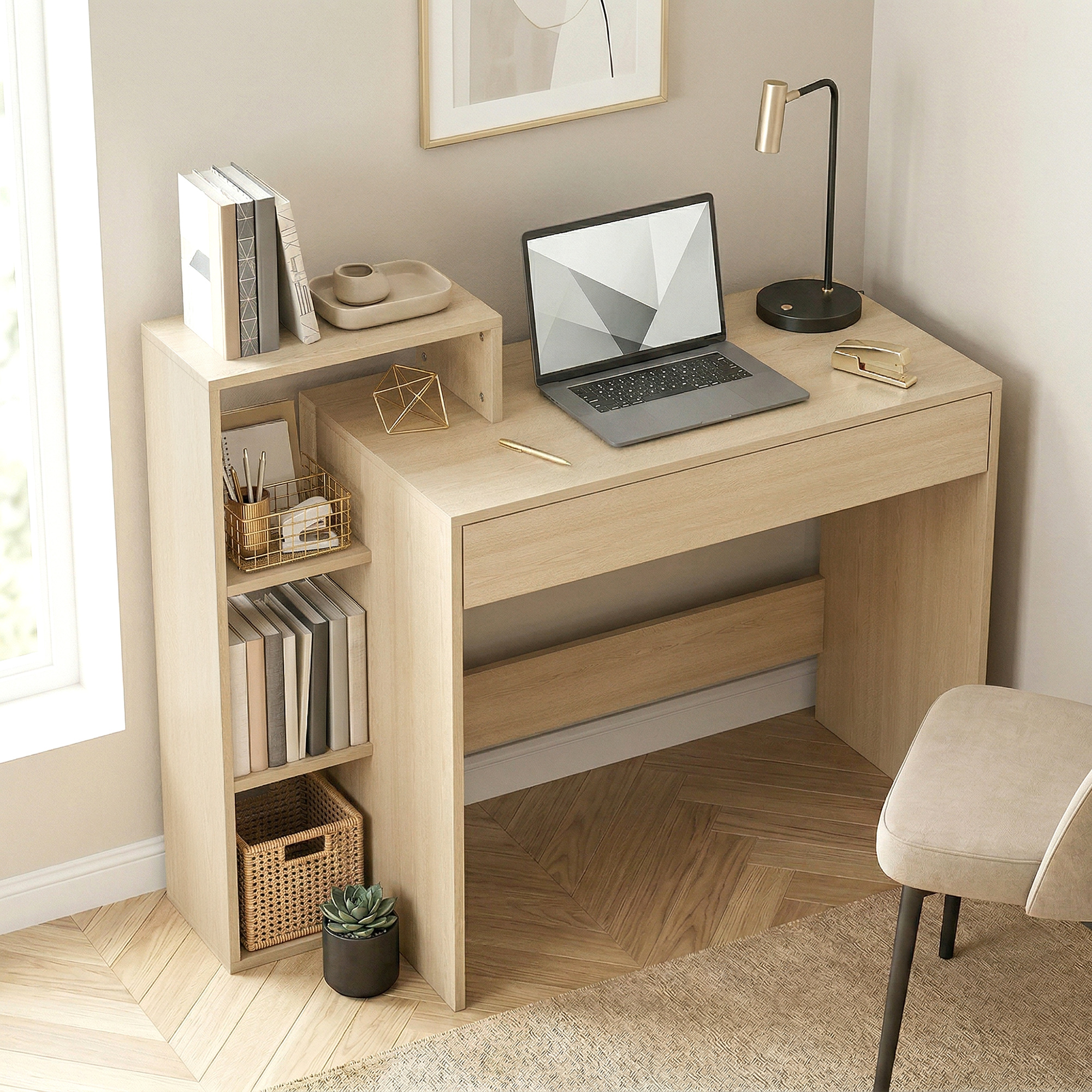 HOMCOM Schreibtisch mit Stauraum – Computertisch mit 3 Regalböden und Schublade, Arbeitsplatz für Homeoffice/Wohnzimmer, 100 x 40 x 90 cm, Naturholz Aosom – Bild 2 von 2
