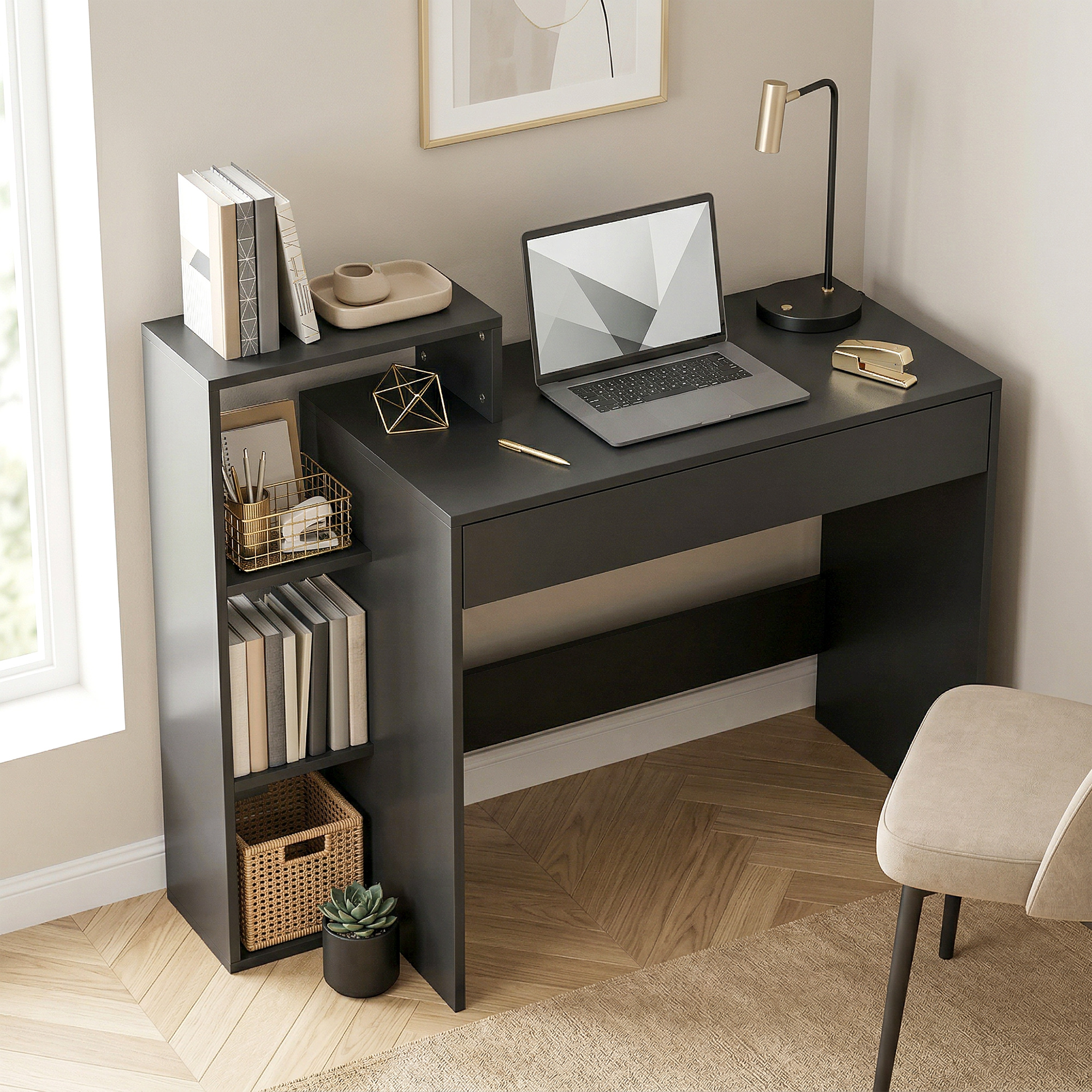 HOMCOM Schreibtisch mit Stauraum, Computertisch mit 3 Regalfächern und Schublade, Arbeitsplatz, Schreibtisch fürs Homeoffice, 100 x 40 x 90 cm, schwarz Aosom – Bild 2 von 2