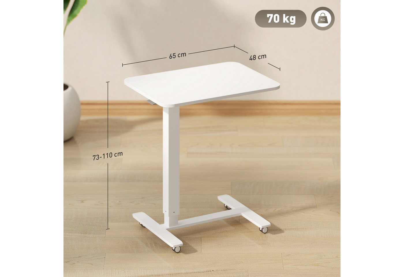 HOMCOM Schreibtisch Steh-Sitz mit 4 Rollen, 65x48x73-110cm, Weiß (Stehpult, 1-St., Höhenverstellbar C-förmig Computertisch), für Büro, Arbeitszimmer, Wohnzimmer – Bild 3 von 5