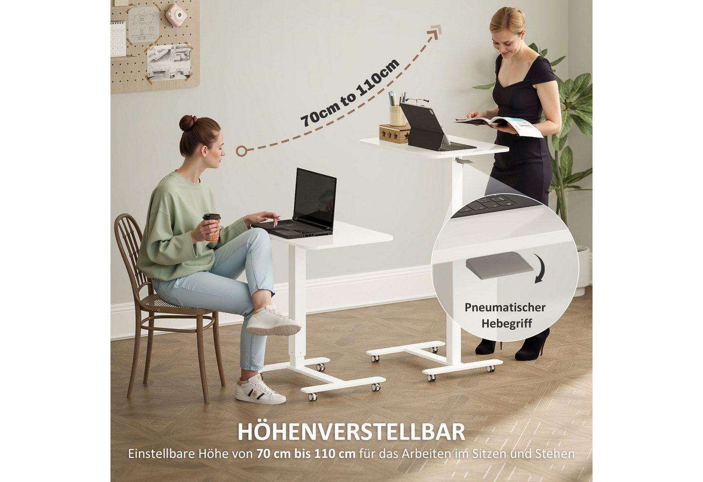 HOMCOM Schreibtisch Steh-Sitz mit 4 Rollen, 65x48x73-110cm, Weiß (Stehpult, 1-St., Höhenverstellbar C-förmig Computertisch), für Büro, Arbeitszimmer, Wohnzimmer – Bild 4 von 5