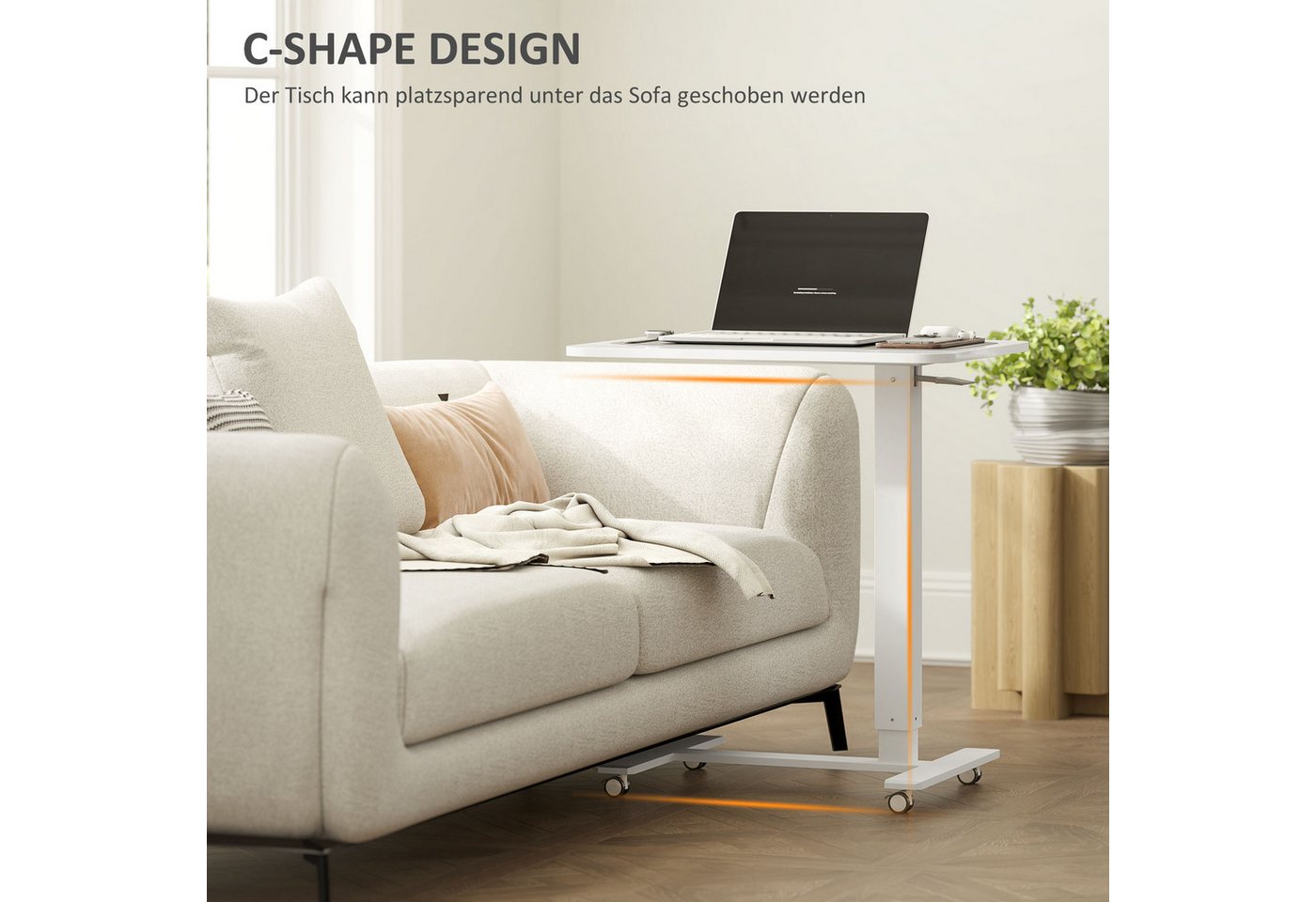 HOMCOM Schreibtisch Steh-Sitz mit 4 Rollen, 65x48x73-110cm, Weiß (Stehpult, 1-St., Höhenverstellbar C-förmig Computertisch), für Büro, Arbeitszimmer, Wohnzimmer – Bild 5 von 5