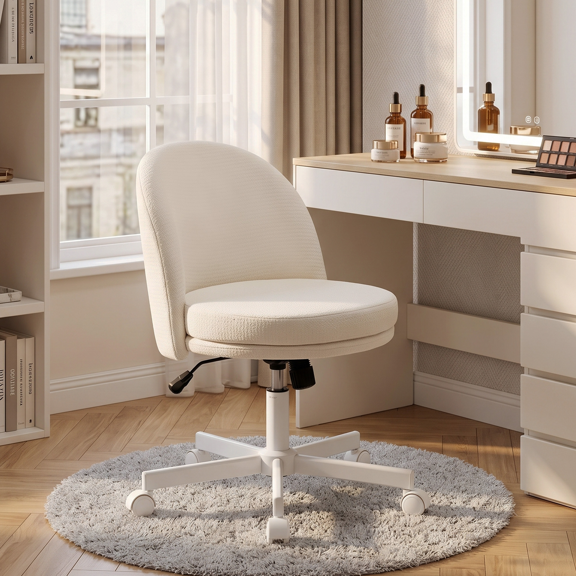 HOMCOM Schreibtischstuhl, Höhenverstellbarer Bürostuhl mit Chenille-Optik, Wippfunktion, Drehstuhl mit Doppellagigem Polster, bis 120 kg, Schminktischstuhl für  – Bild 2 von 2
