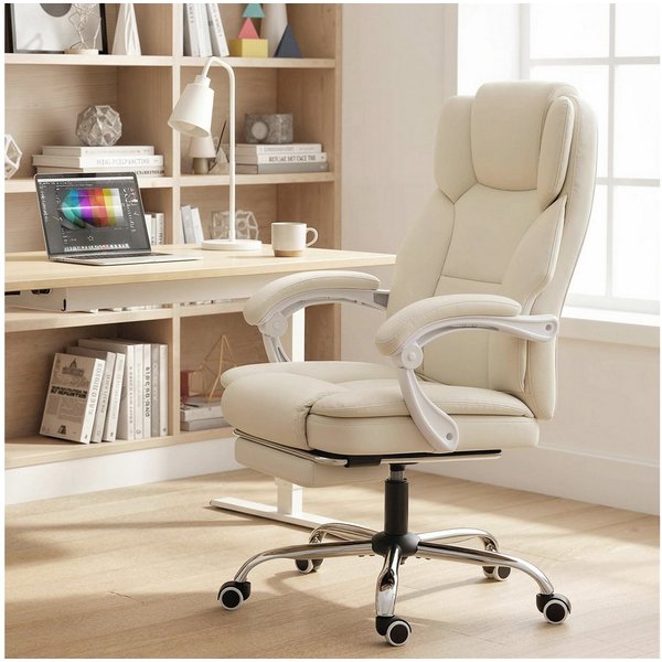 HOMCOM Schreibtischstuhl Bürostuhl, Kunstleder, gepolstert, bis 120 kg belastbar, Beige (Bürostuhl mit Liegefunktion, 1 St), höhenverstellbar Drehstuhl mit Fußs