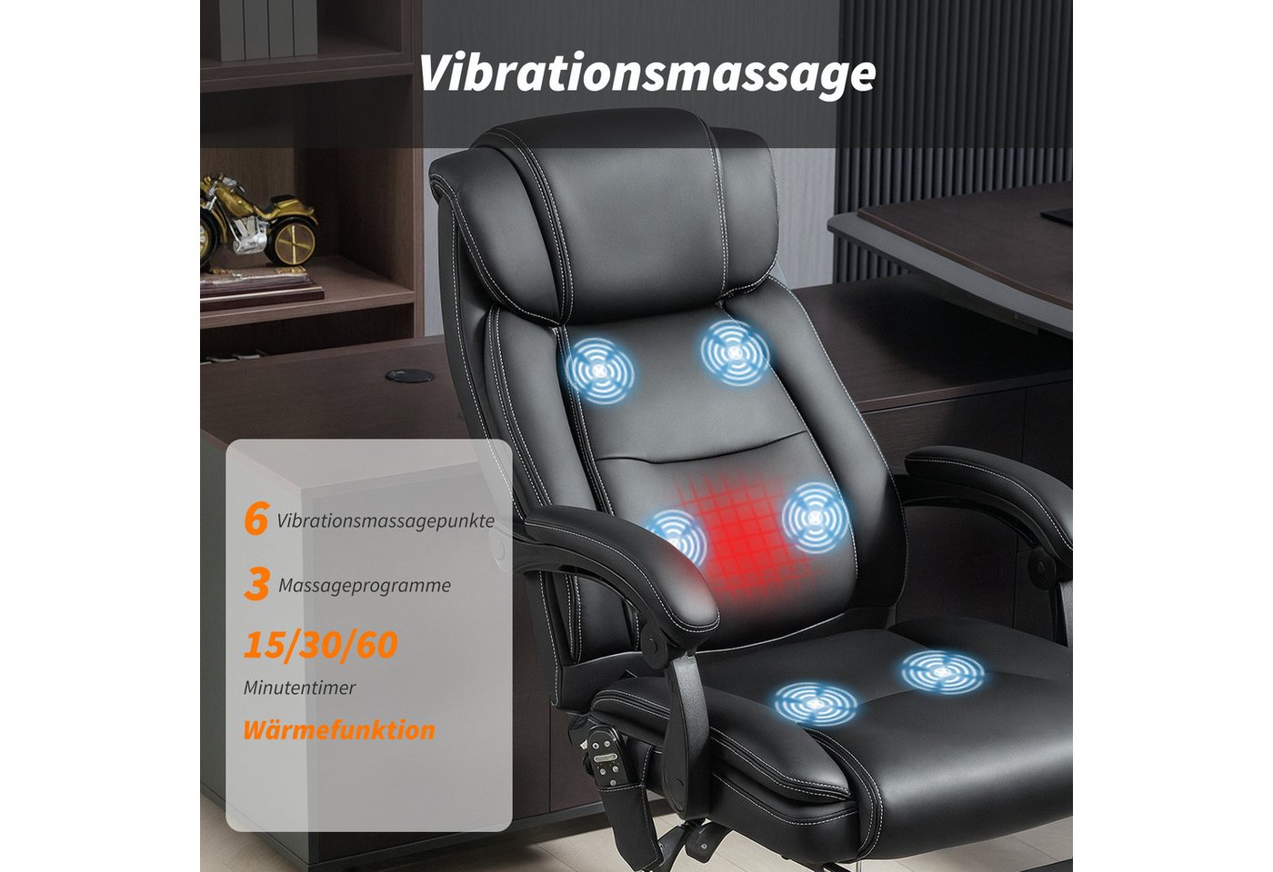 HOMCOM Schreibtischstuhl Bürostuhl Ergonomisch mit Timer, Fernbedienung und Seitentasche (Chefsessel, 1 St), 6-Punkt-Massage, Fußstütze, Heizfunktion – Bild 4 von 5
