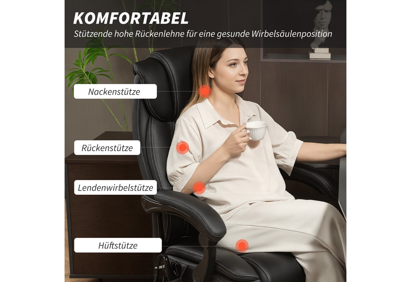 HOMCOM Schreibtischstuhl Bürostuhl Ergonomisch mit Timer, Fernbedienung und Seitentasche (Chefsessel, 1 St), 6-Punkt-Massage, Fußstütze, Heizfunktion – Bild 5 von 5