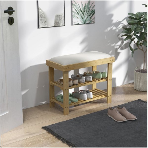 HOMCOM Schuhbank Bambus Sitzbank, Schuhregal 2 Fächer, Garderobenbank, 60x29x49cm (Schuhregal aus Bambus, 1-St., Schuhbank mit Sitzfläche), für Wohnzimmer, Flur