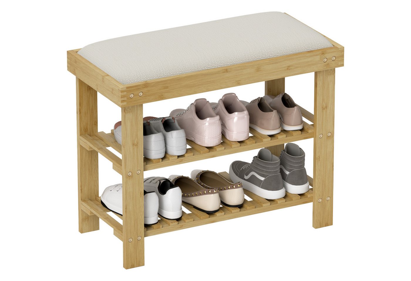 HOMCOM Schuhbank Bambus Sitzbank, Schuhregal 2 Fächer, Garderobenbank, 60x29x49cm (Schuhregal aus Bambus, 1-St., Schuhbank mit Sitzfläche), für Wohnzimmer, Flur – Bild 2 von 5